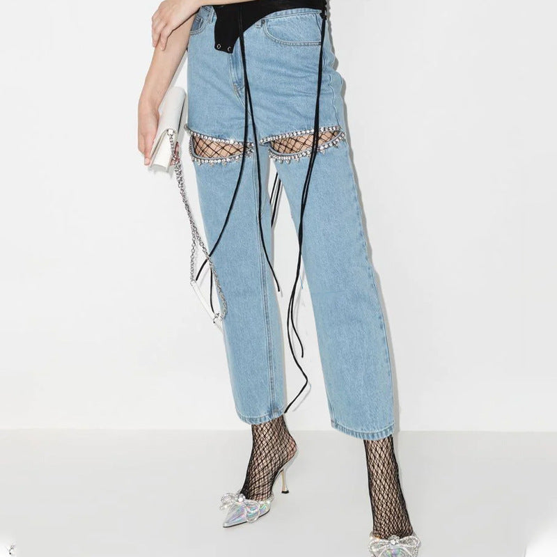 Diamond Beaded Design Straight Mid-waist Long Hollow Jeans