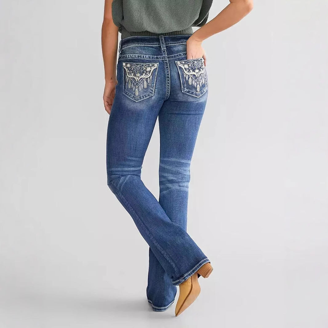 Women's Embroidery Denim Bootcut Trousers Fashion