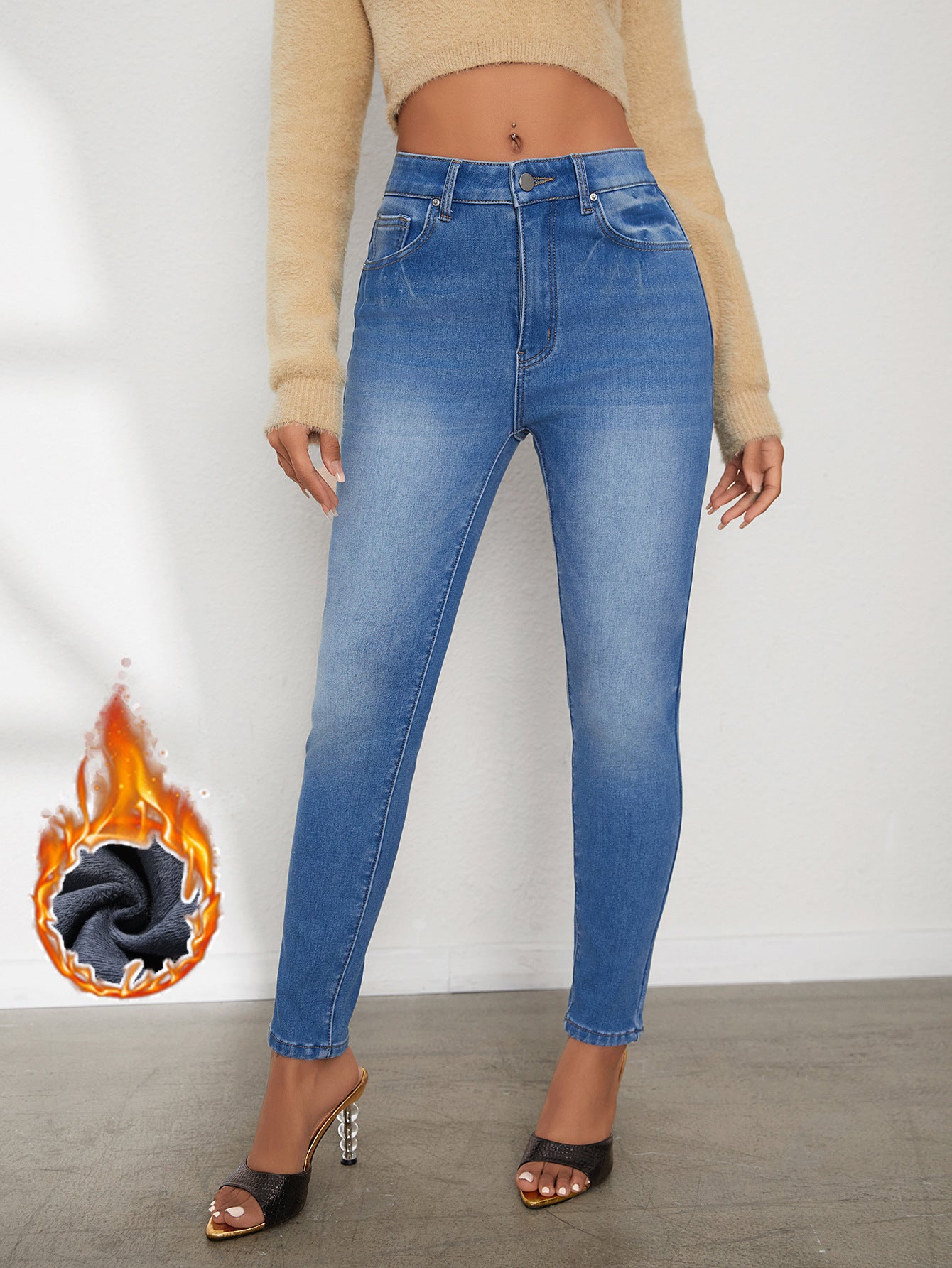 Ladies' High Waisted Comfortable Small Feet With Plush Jeans