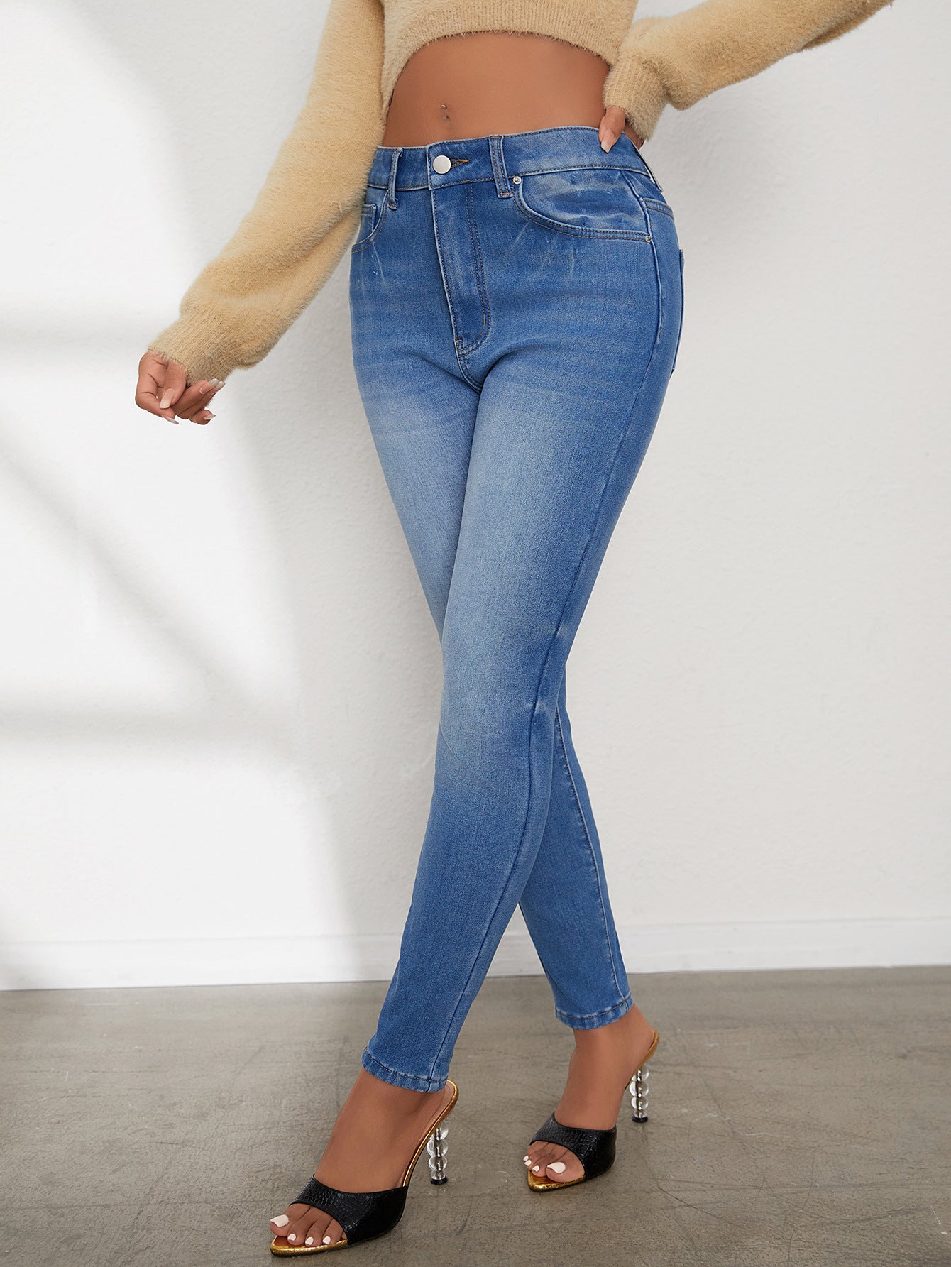 Ladies' High Waisted Comfortable Small Feet With Plush Jeans