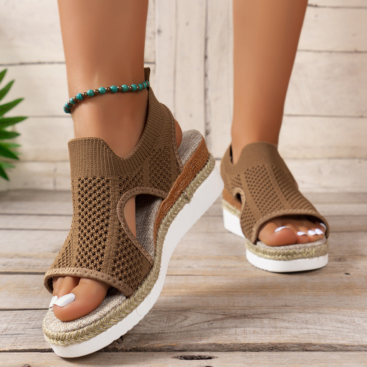 Peep Toe Flying Woven Sandals Women's Wedge Heel