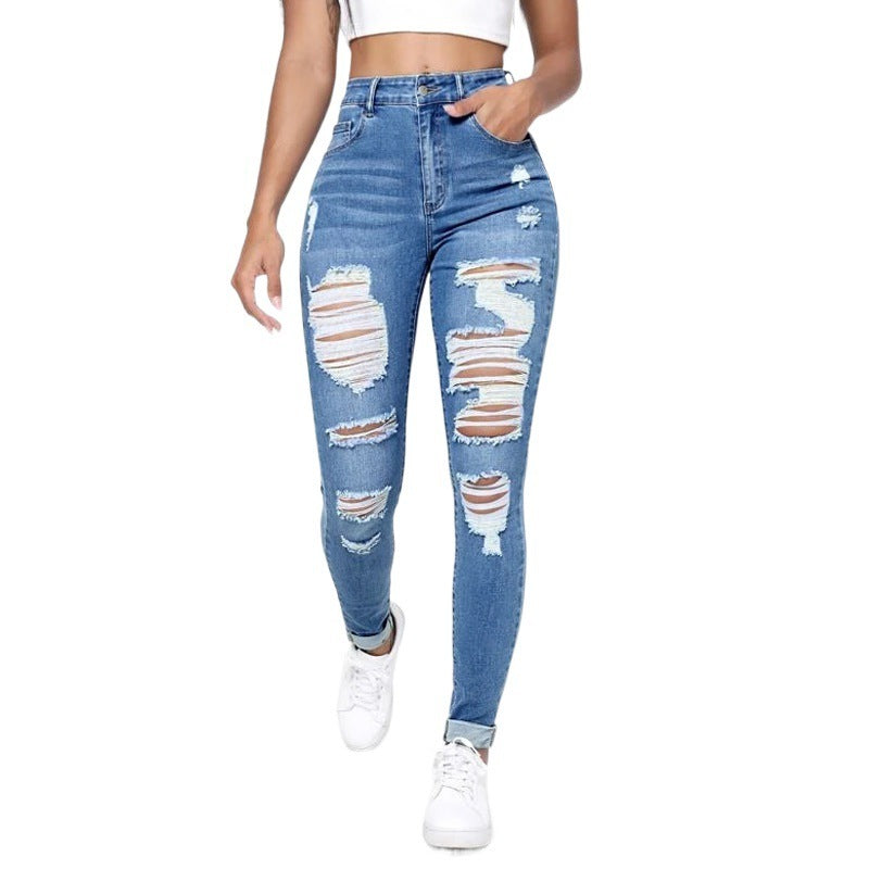 Skinny Jeans Women's High Waist Slim Fit Slimming Holes Skinny Pants