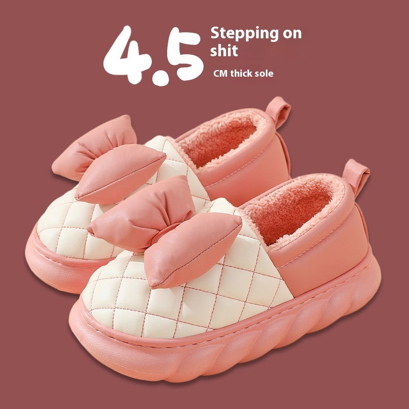 Ankle Wrap Cotton Slippers Women's Winter Thick-soled Home PU Leather Waterproof Slippers