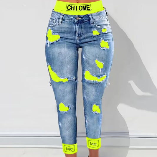 Fashion Colorblock Rolled Hem Distressed Cropped Jeans