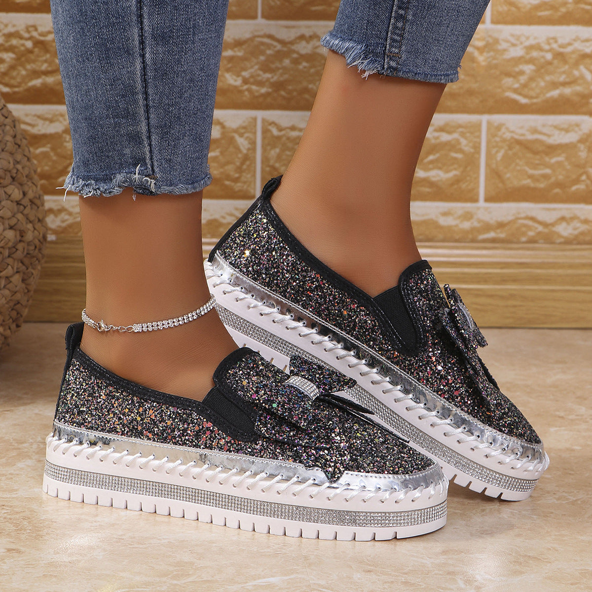 Plus Size Rhinestone Platform Loafers Women