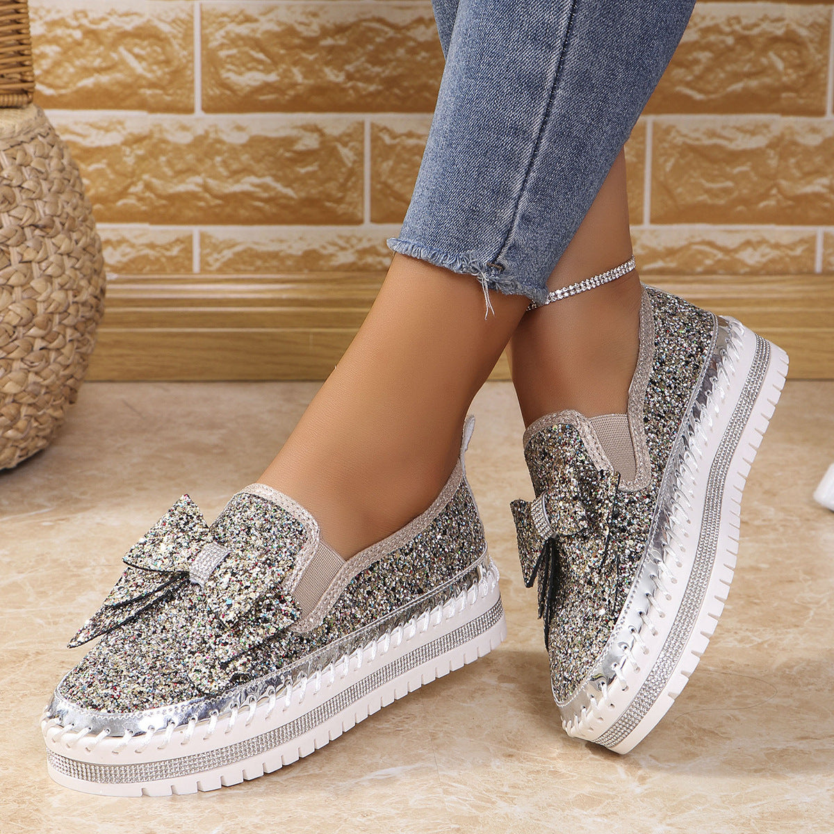 Plus Size Rhinestone Platform Loafers Women