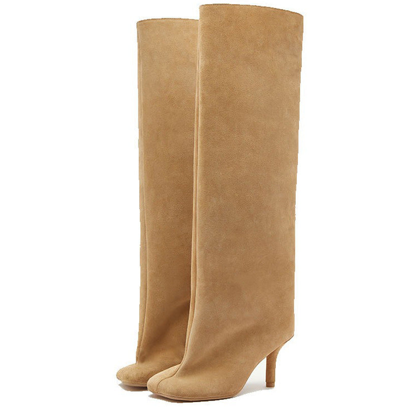 Simple Stitching Square Head Loose Sleeve High-heel Boots