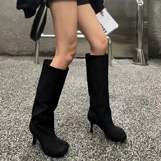 Simple Stitching Square Head Loose Sleeve High-heel Boots