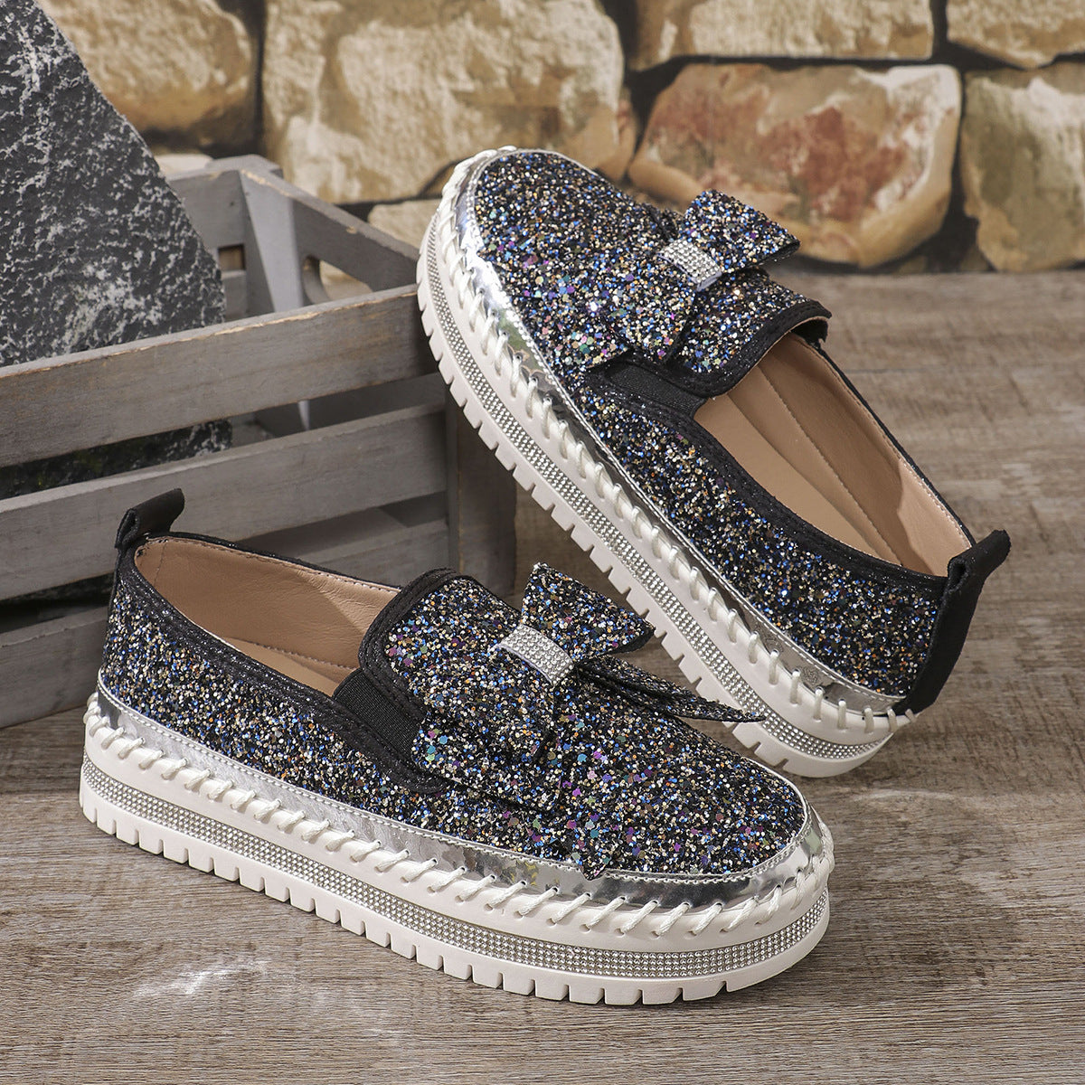 Plus Size Rhinestone Platform Loafers Women