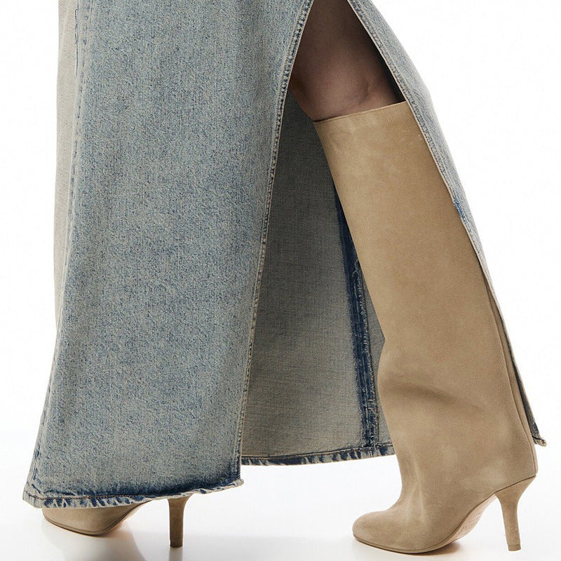 Simple Stitching Square Head Loose Sleeve High-heel Boots