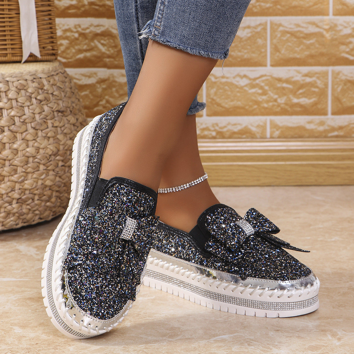 Plus Size Rhinestone Platform Loafers Women