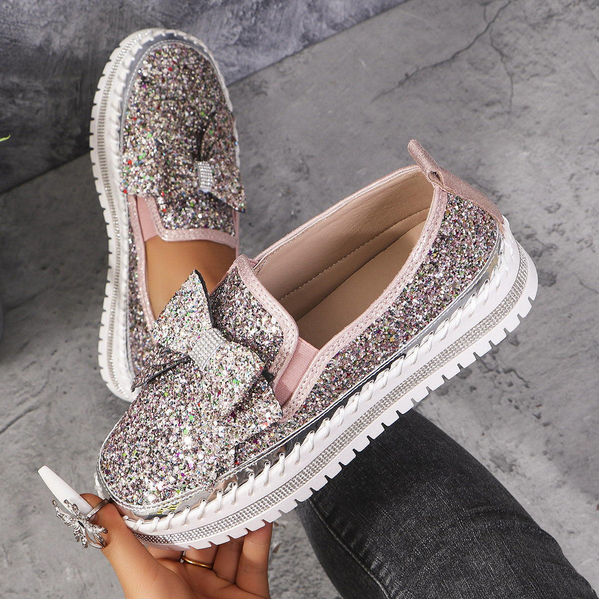 Plus Size Rhinestone Platform Loafers Women