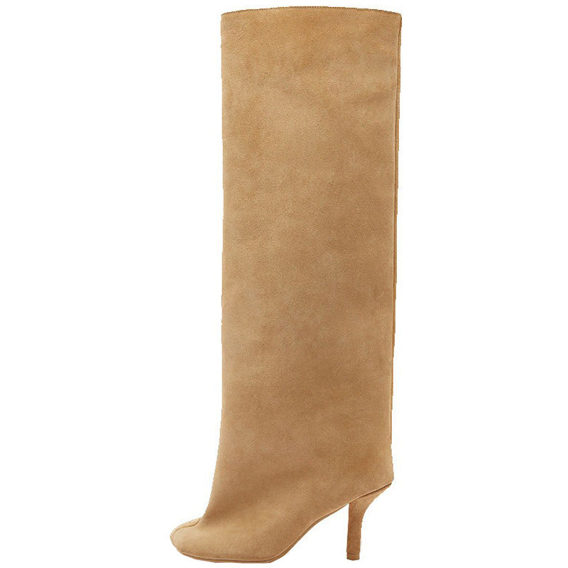 Simple Stitching Square Head Loose Sleeve High-heel Boots