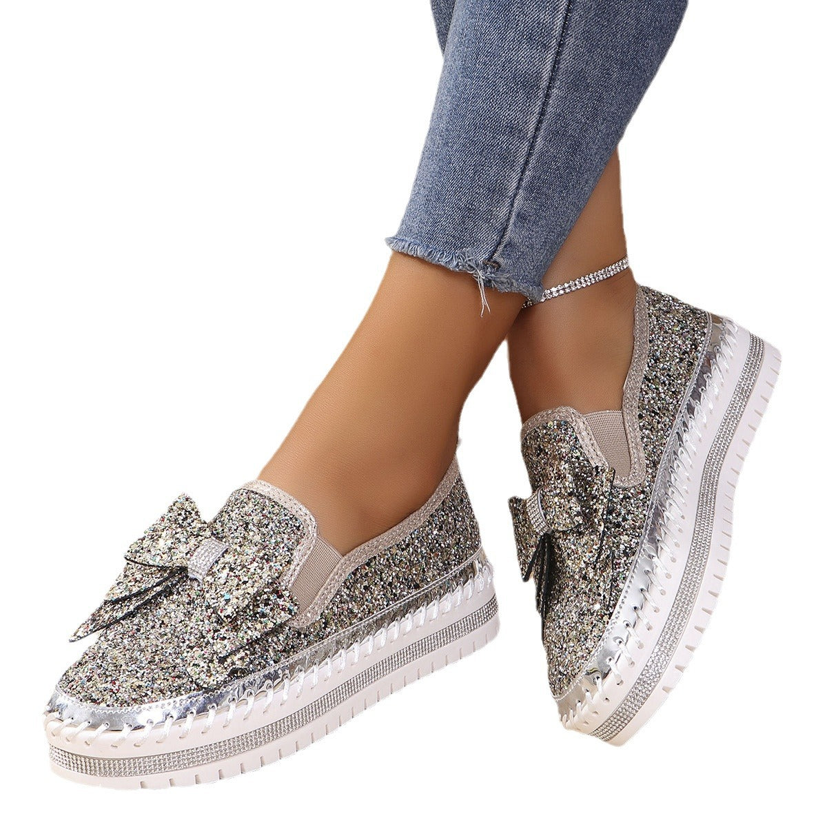 Plus Size Rhinestone Platform Loafers Women