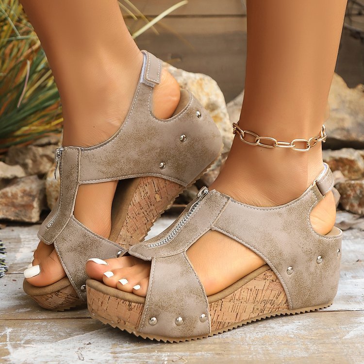 Summer Zipper Wedges Sandals Women's Lightweight Height Increasing Shoes Fashion Casual Sandals