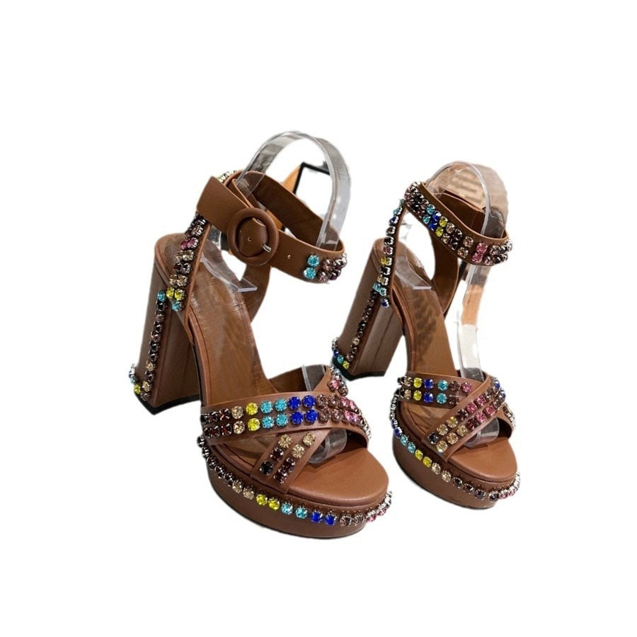 Chunky Heel Platform High Heel Roman Authentic Leather Rhinestones Open Toe Buckle Sandals