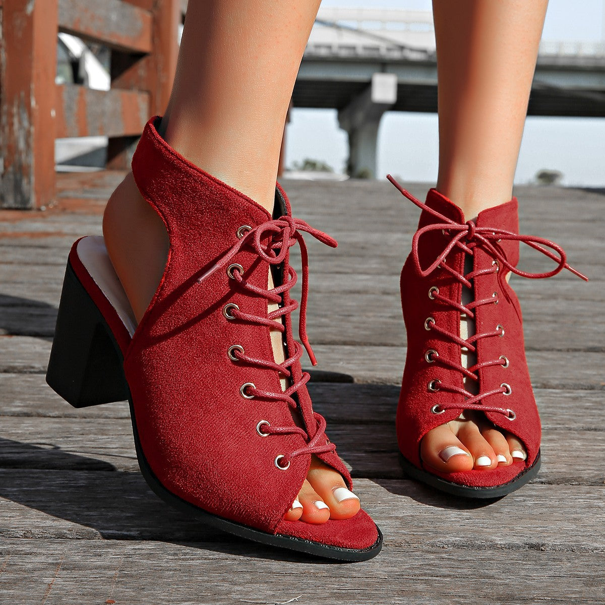 Lace-up Chunky Heel Sandals Summer Fashion Peep Toe Shoes For Women