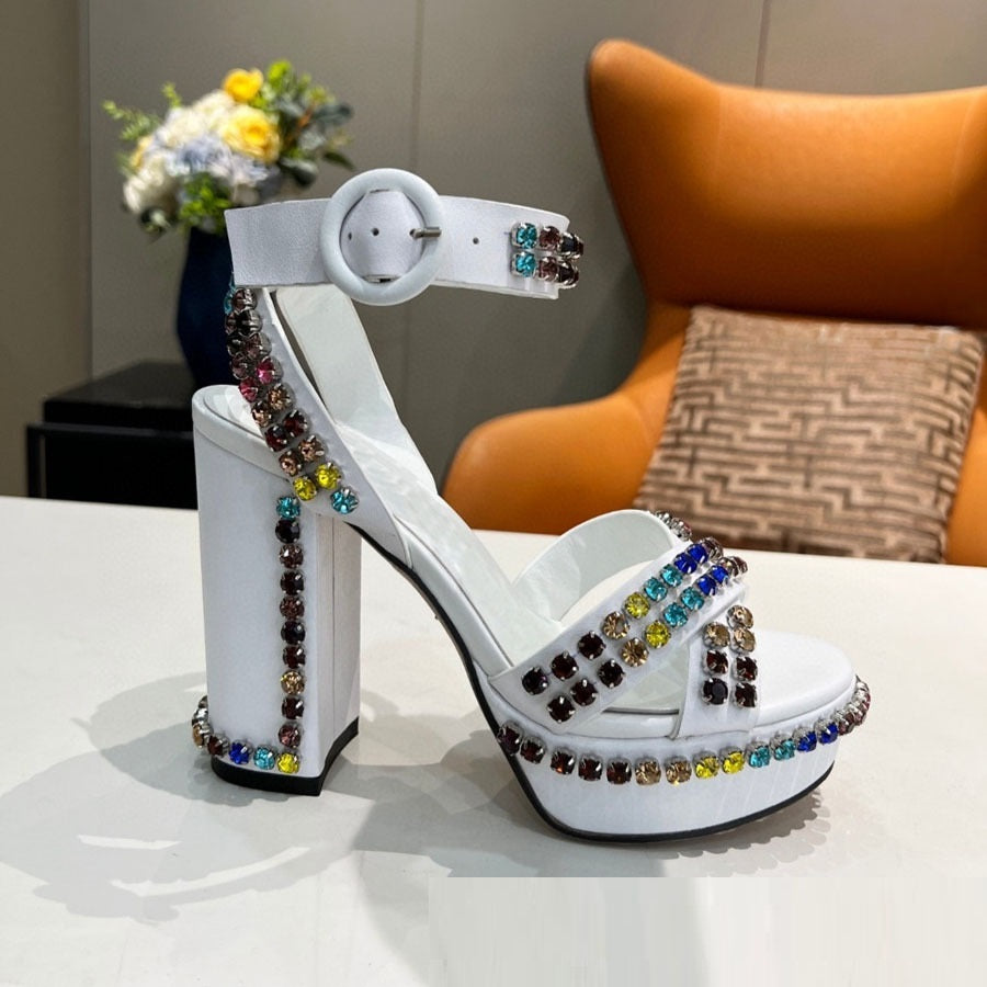 Chunky Heel Platform High Heel Roman Authentic Leather Rhinestones Open Toe Buckle Sandals