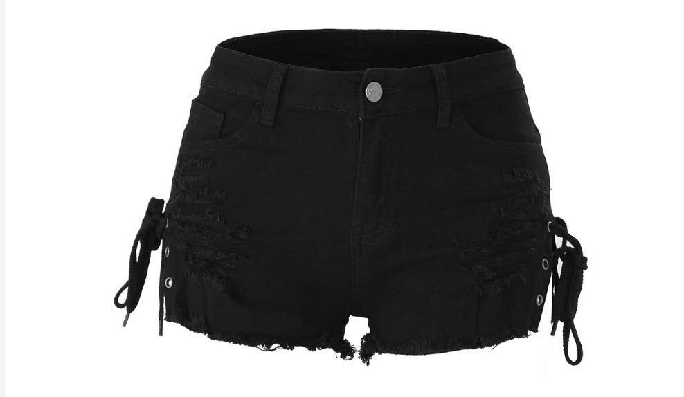 Casual Low Waist Stretch Ripped Washed-out Vintage Denim Shorts For Women